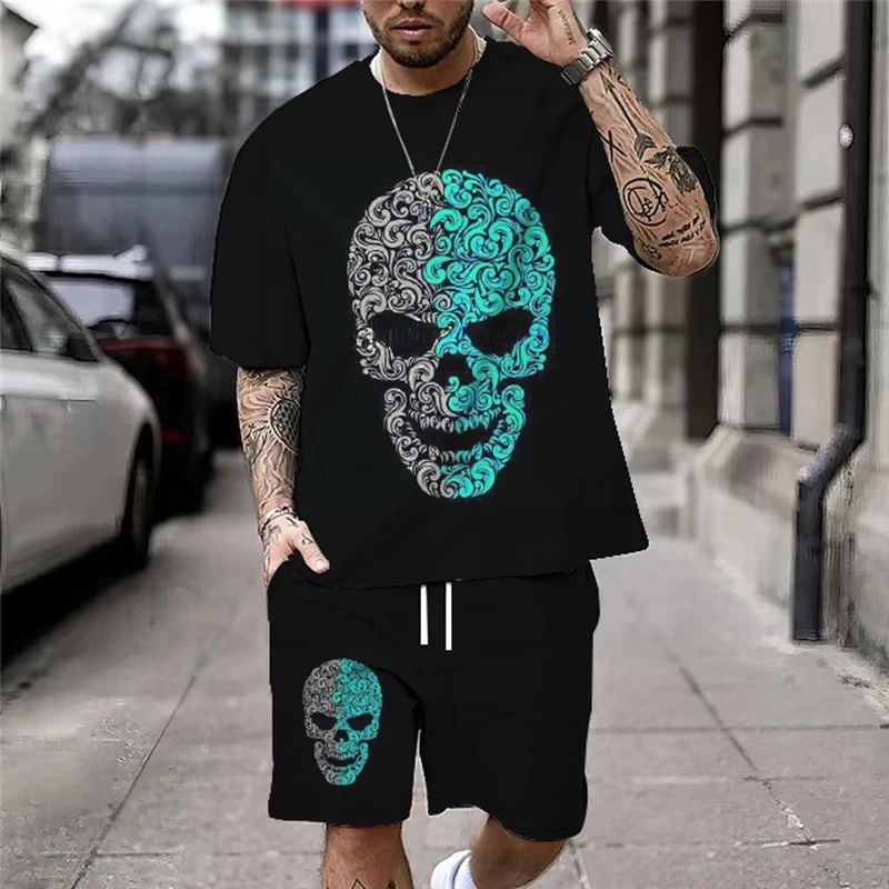 Summer new casual men's skull print 3DT shirt suit fashion street T-shirt loose oversized breathable soft short-sleeved shorts