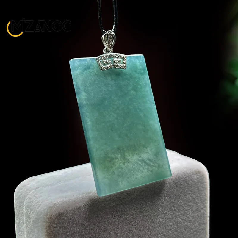 

Natural Jadeite Blue Horizontal Ann Pendant 925 Silver Buckle Inlaid Ice Jade Necklace Men and Women Lucky Amulet Gift