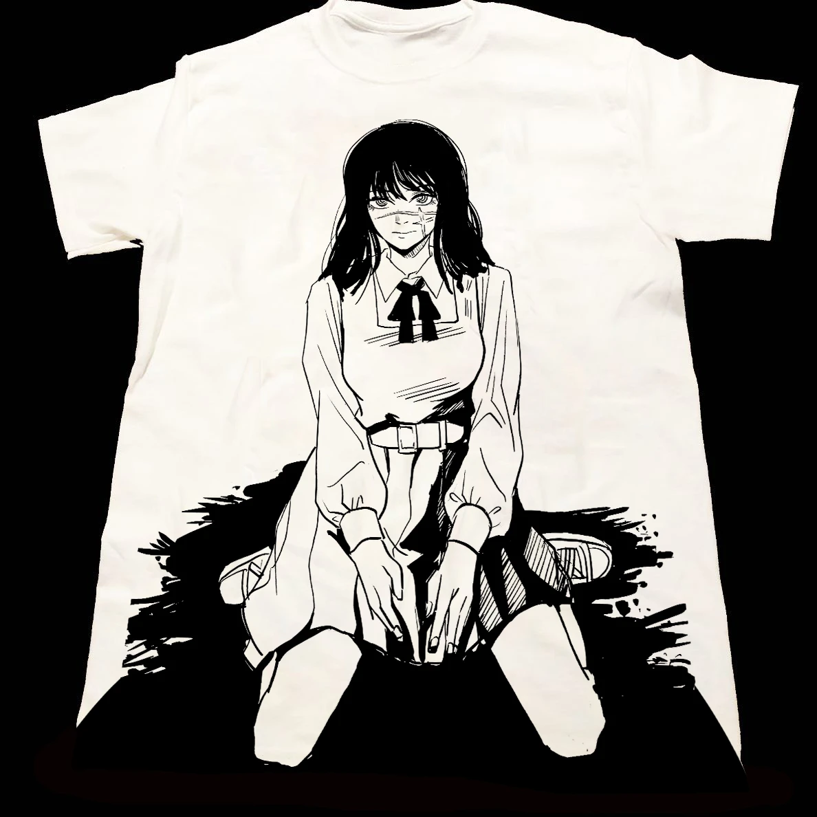 White Oversized Chainsaw Man Yoru Cross Scar Face Graphic Tee Cotton Mens Womens T-Shirt Summer Streetwear