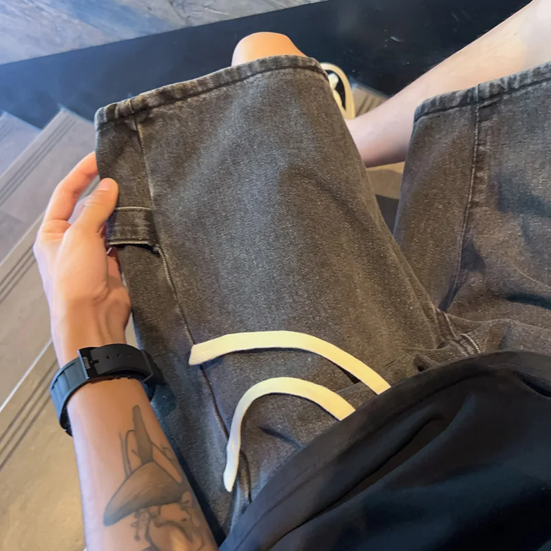 Zipper Patchwork  Jeans Shorts Men Harajuku Streetwear Denim Shorts Hip Hop Summer Casual Loose Straight Shorts Clay Yellow