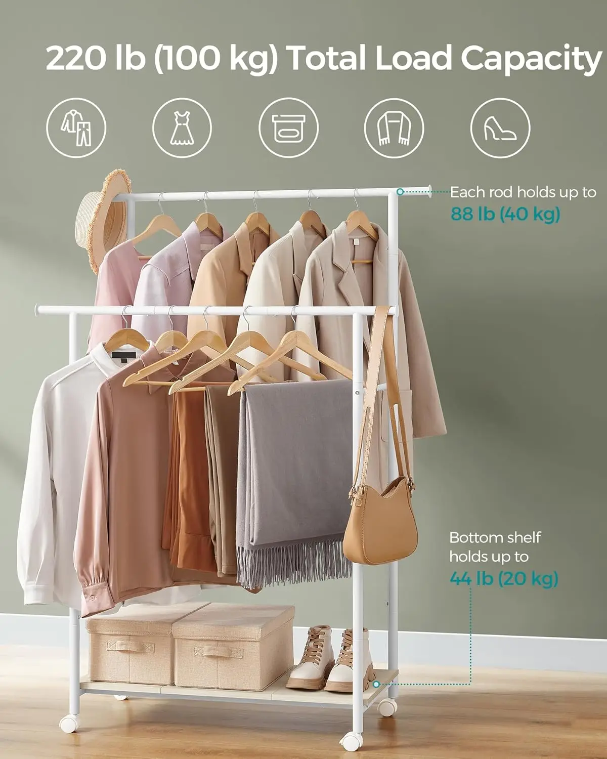 Double-Rod Clothes Rack with Wheels, 38.8" Garment Rack Shelf, 220 lb Capacity - Bedroom Closet Organizer, Rustic Brown/Ink Blac