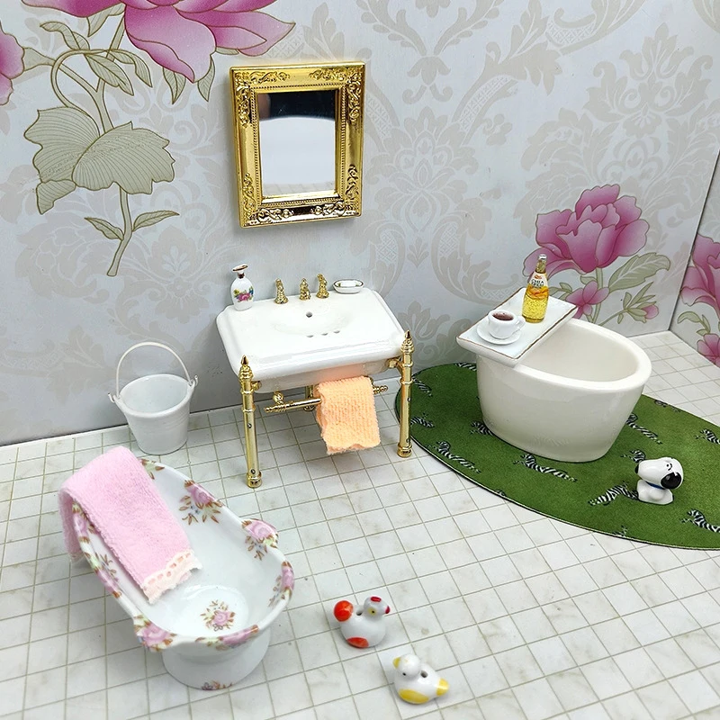 

1/12 Dollhouse Miniature Ceramics Wash Basin Model Doll Home Bathroom Furniture Ornament Dolls House Micro Scene Decor Toy