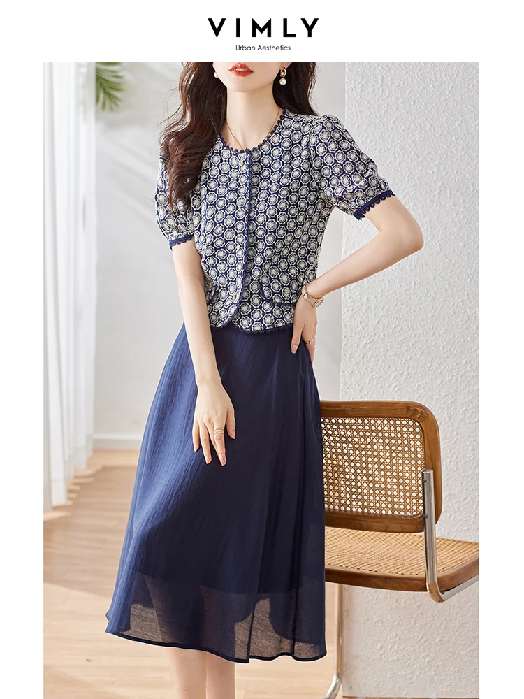 Vimly 2024 Summer Women's Outfits Two Piece Skirt Sets Navy Lyocell Solid Midi Skirts Embroidery Short Sleeve Tops Matching Sets