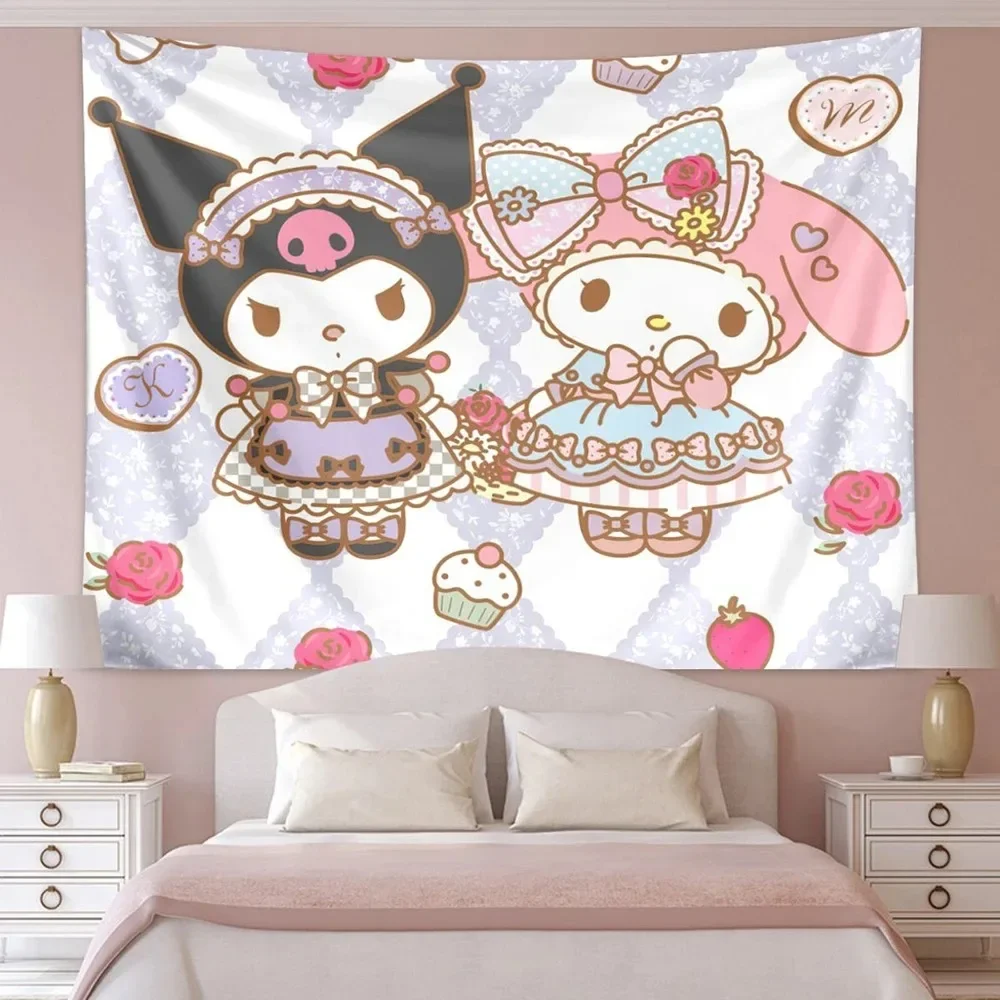 Kawaii Sanrio Charakter-Druck-Wandteppich, Kitty und Melody Raumdekoration, Heimdekoration, Schlafzimmer-Wandbehang