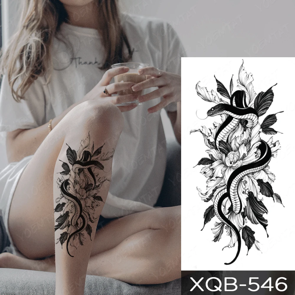 Dragon Transfer Waterdichte Tijdelijke Tattoo Sticker Black Snake Peony Rose Bloemen Flash Tatto Arm Body Art Nep Tatoo Vrouwen Mannen