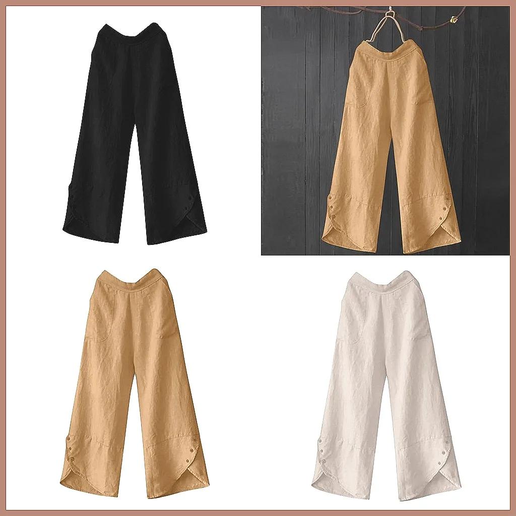 

Women's High Waist Wide Leg Pants, Loose Casual Trousers with Pockets & Button Detail