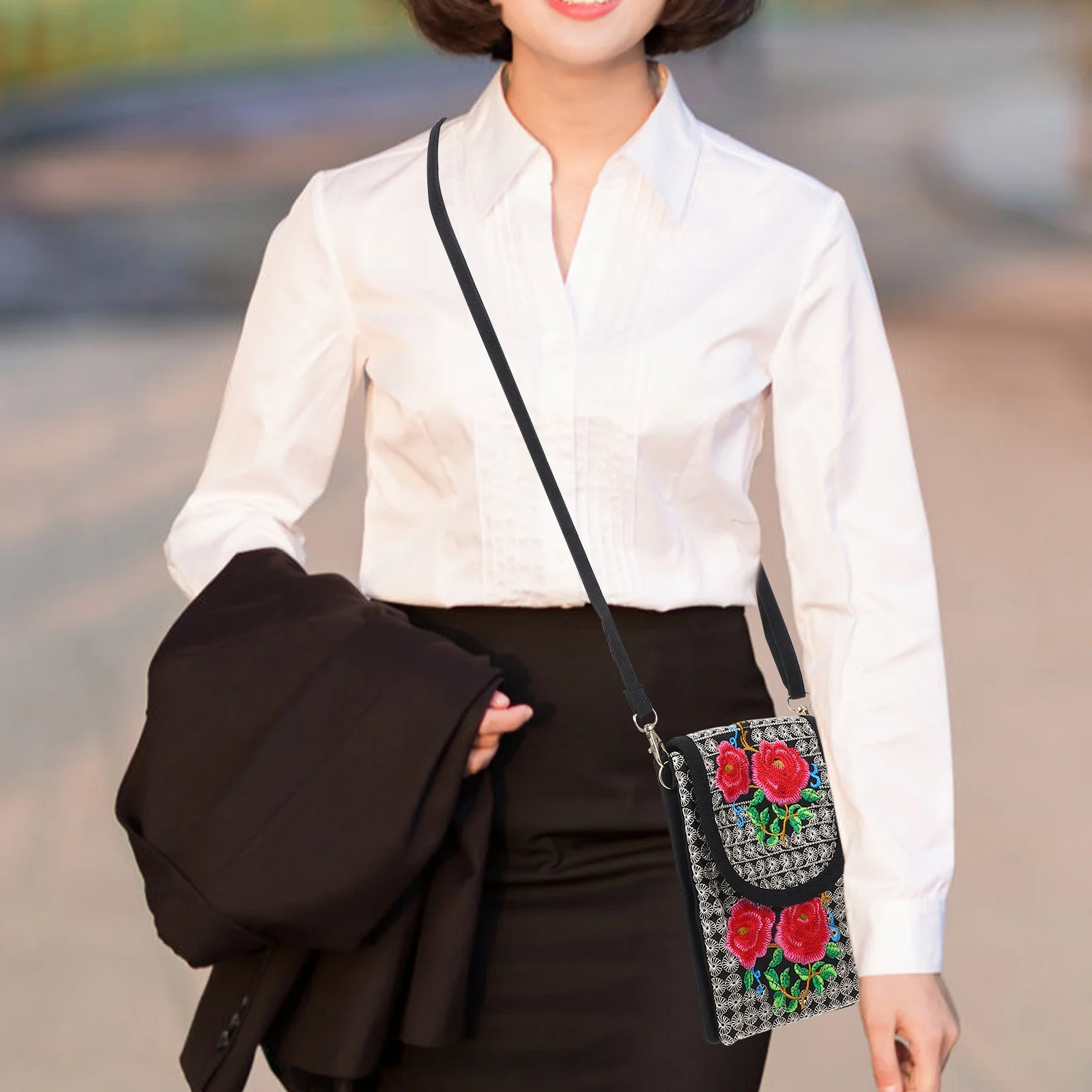 

Embroidered Crossbody Bag Canvas Stylish Lightweight Ethnic Floral Shoulder Bag for Phone Money Cards Passport Travel