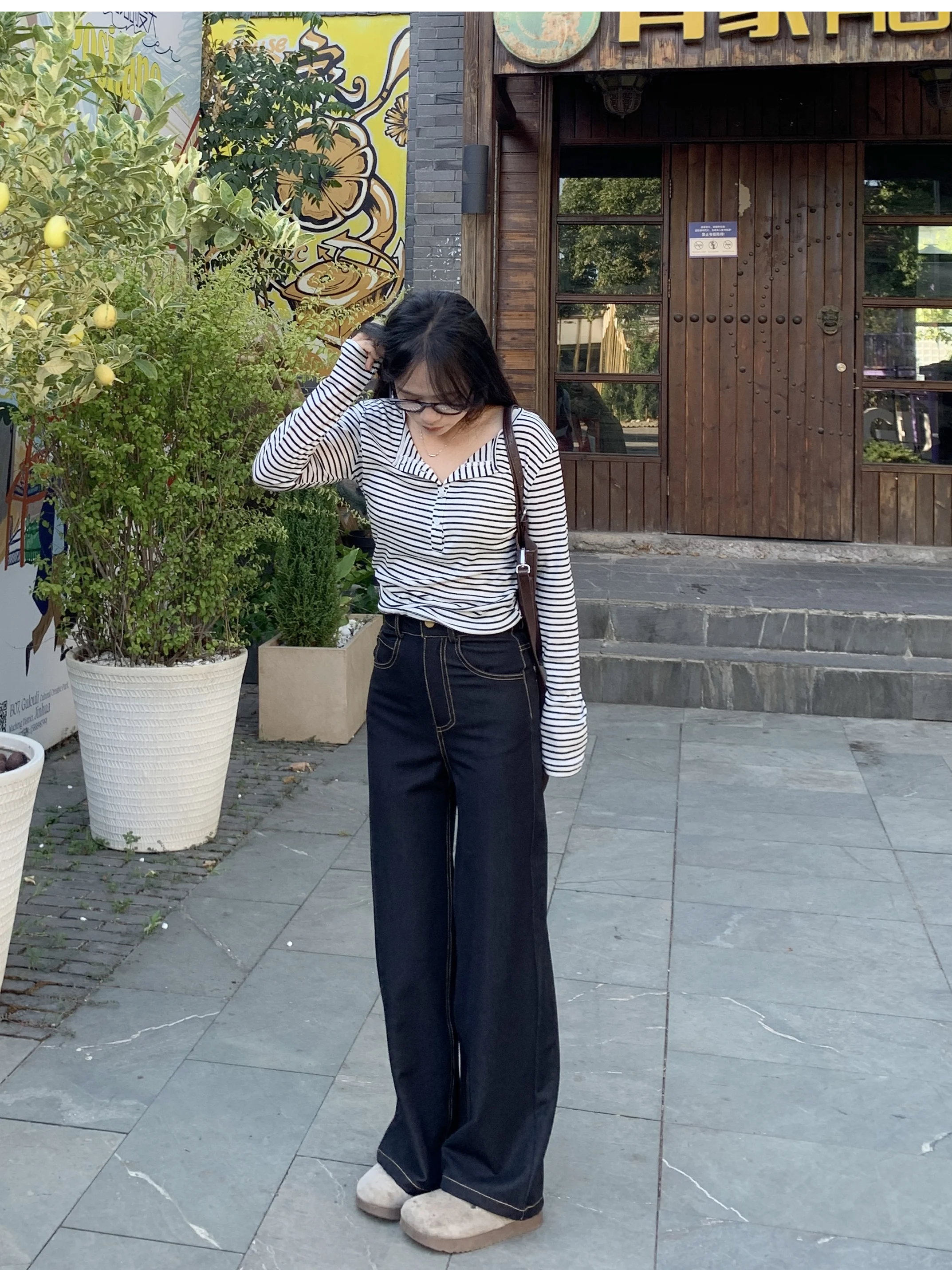 

PERRY Women's Long Sve T-irt Wool Blend Button up Striped Top for Petite Girls Autumn Season 50XXS Size