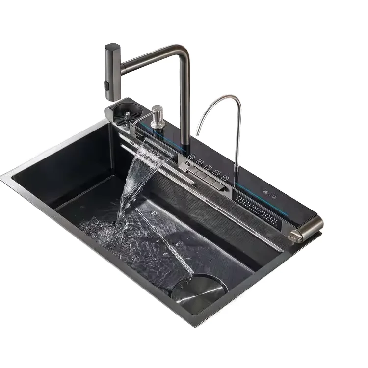 

Высококачественная кухонная мойка из нержавеющей стали с одной чашей, кухонная мойка ручной работы с цифровым дисплеем и водопадом, черная кухонная раковина