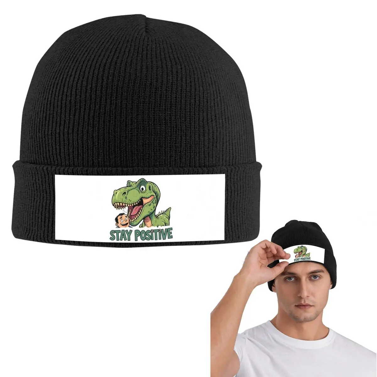 Stay Positive Funny T-Rex Dinosaur Sticker Warm Knitted Cap Winter Knit Bonnet Hat Skullies Beanies Hip Hop Caps for Unisex