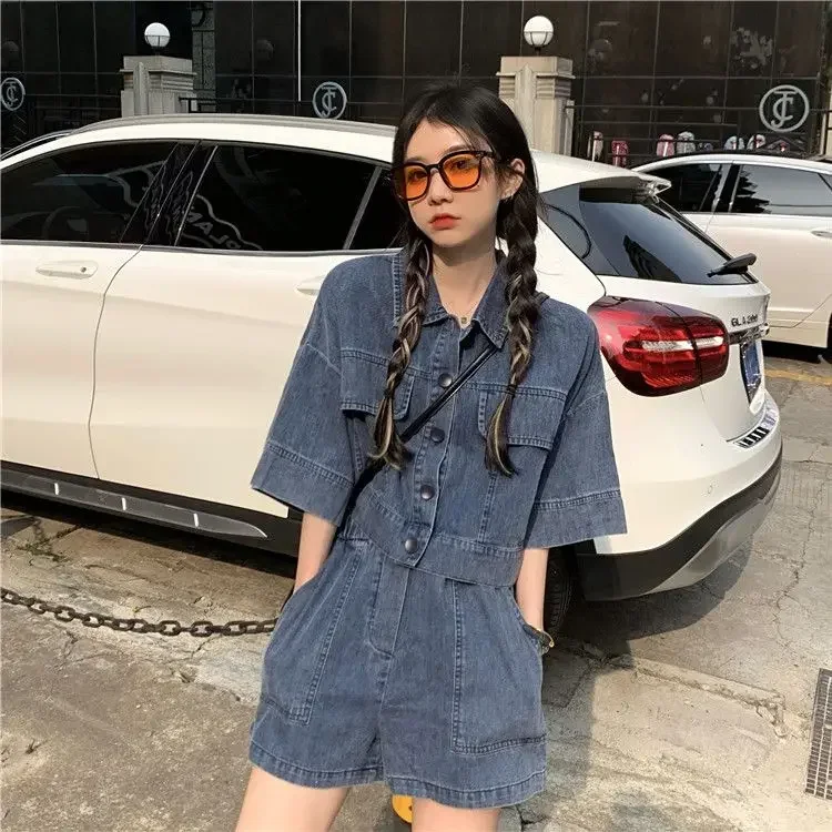 Summer Vintage Denim Shorts Set Women Fashion Age Reducing Polo Neck Half Sleeve Shirt Top Casual Loose Shorts Two Piece Set