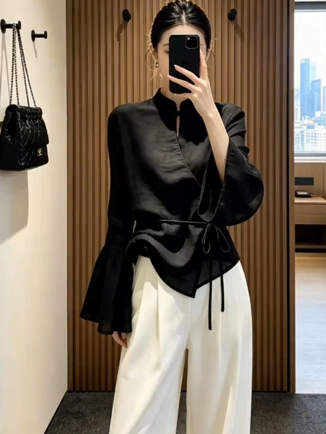 

Black Bell Sleeve Shirt Women's Waist Cinching Tie Design Slimming Top Commute Style Fashion Korean Loose Fit Long Sleeve