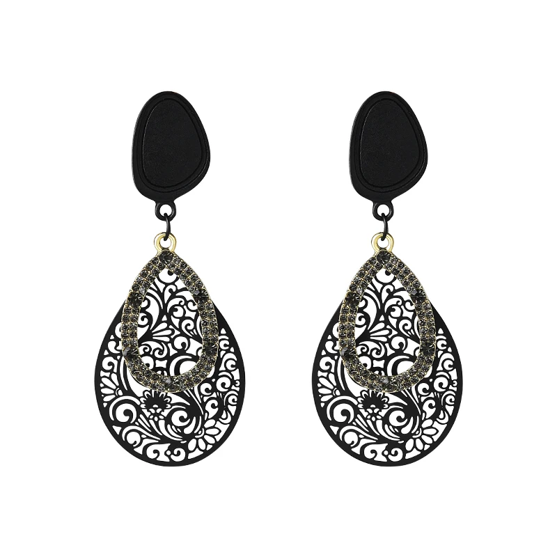 

Diamond water drop hollow flower earrings, French retro cold wind earrings