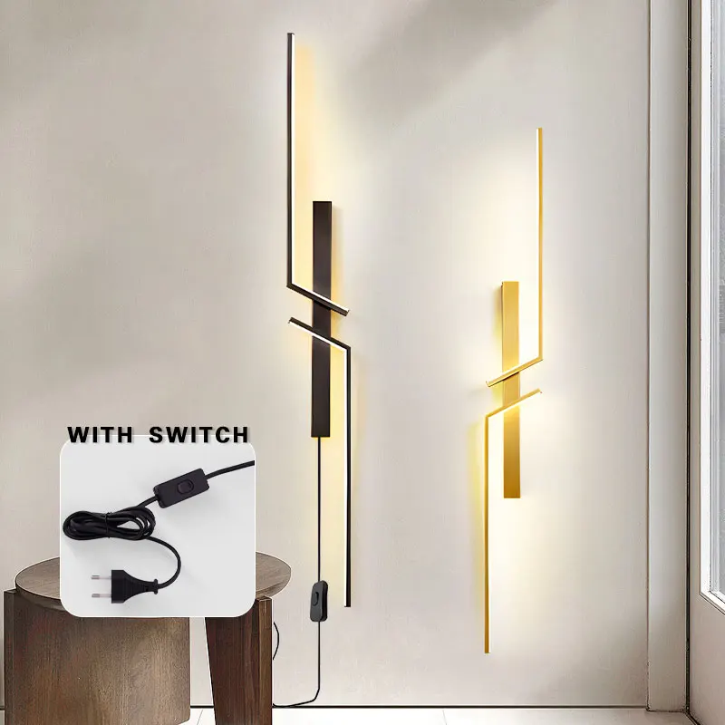 Nordic Long Strip Wall Light With Plug LED Wall Sconce Modern Nordic Sofa background Black Bedroom Bedside Wall Lamps AC85-265V