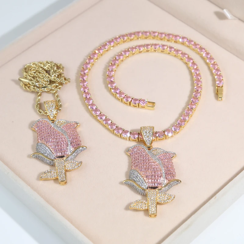 2025 New Iced Out Bling 5A CZ Nice Rose Flower Pendant Necklace Drop Ship Hip Hop Men Women Jewelry