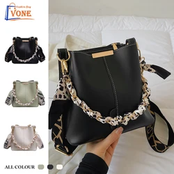 Versatile Bucket woman's shoulder bag Korean Japan fashion handheld bags High quanlity Tote bag Scarves chain CrossBody bag