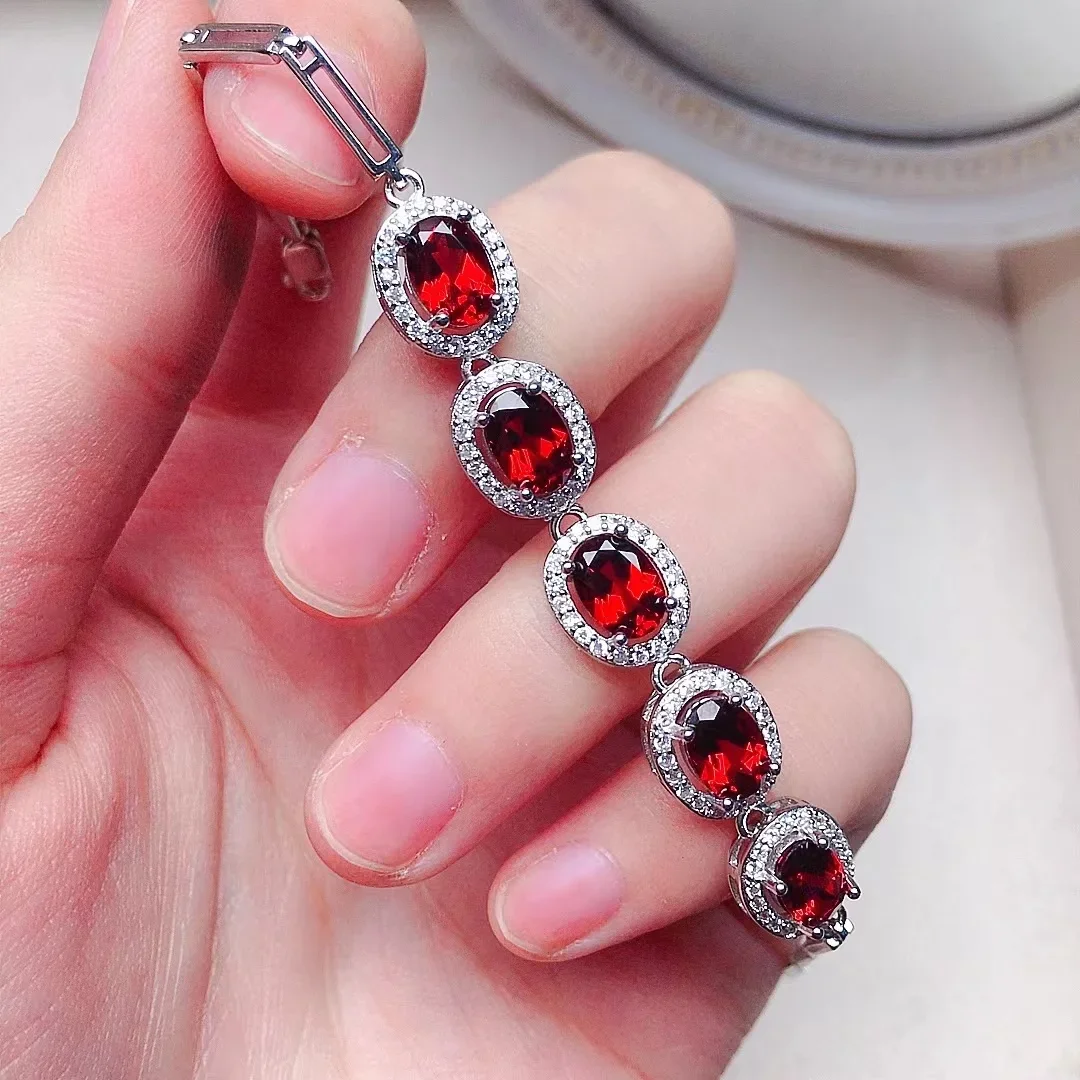 

18K Gold Plating Total 3ct Natural Garnet Bracelet VVS Grade Wine Red 5mm*7mm Garnert Silver Bracelet for Office Woman