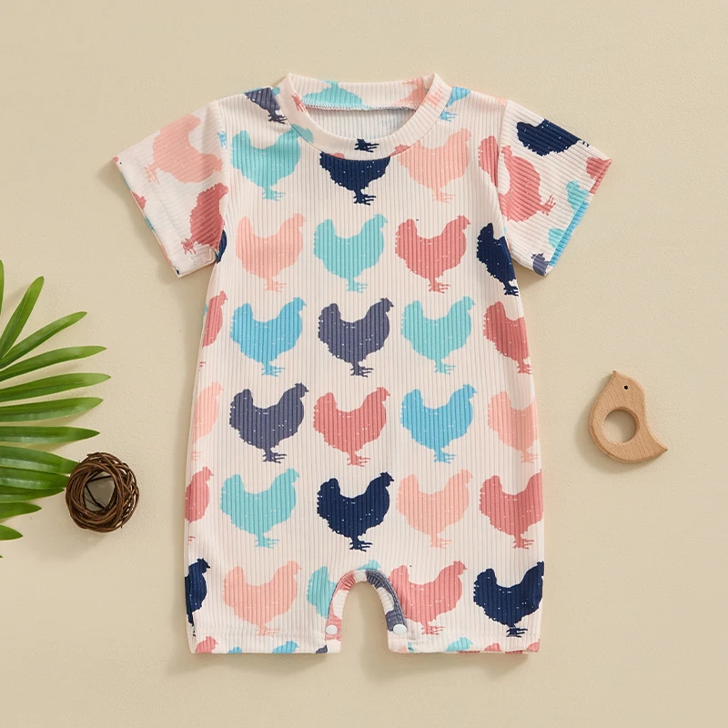 

0-12M Baby Pit Striped Chicken Jumpsuit Short Sleeved Round Neck Chicken Print Summer Jumpsuit For Girls and Boys