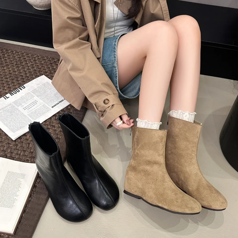 Spring and Autumn Trend After The Zipper Design Round Ankle Boots Women's 2026 New Solid Color Anti-slip Wear Ankle Boots