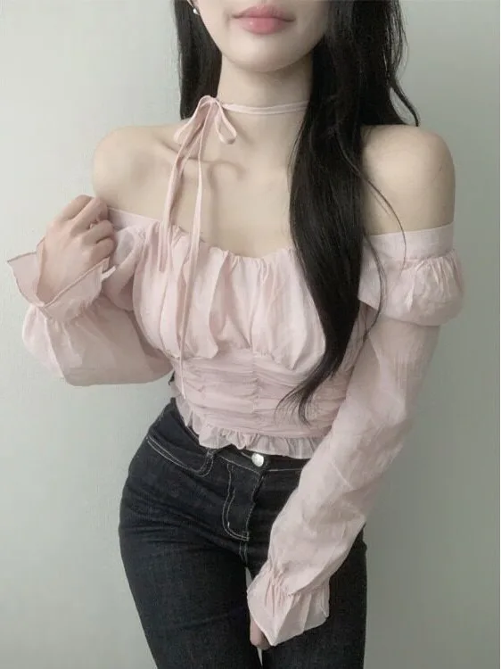 Korean Style Gentle Elegant Pleated Chiffon Shirt Women's Initial Autumn New Pure Desire One Shoulder Very Beautiful Long Sle...
