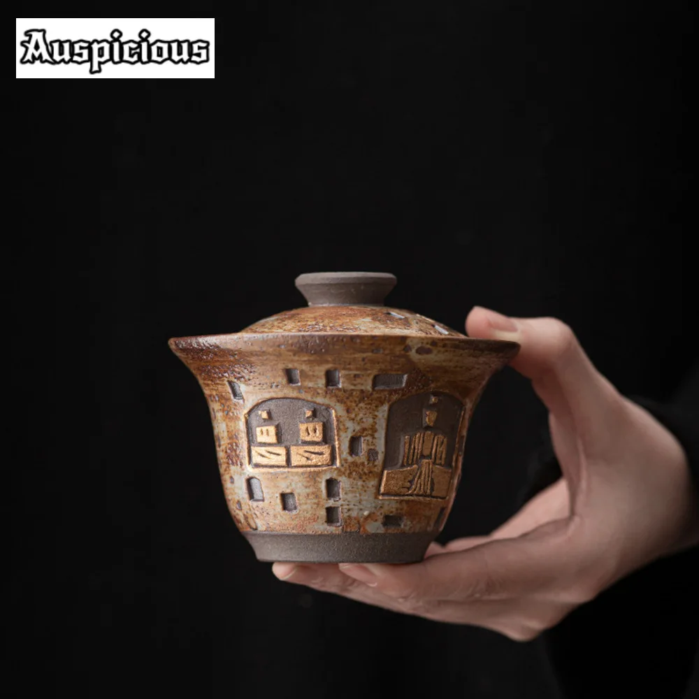 

140ml Handmade Wood-fired Porcelain Gaiwan Dunhuang Frescoes Bowls Tea Tureen Tea Making Cover Bowl Cafes Supplies Ornament Gift