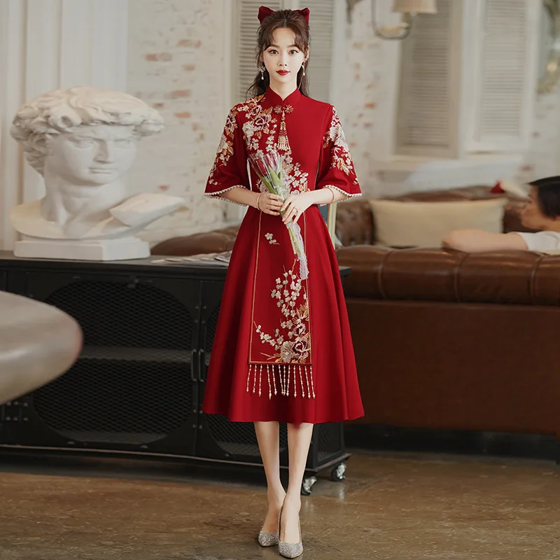 

Ele Chinese Sle Long Qipao Wedding Dr Red Thin Arm Covering Ceremony Dr Women's Spring Faion Wedding Gown