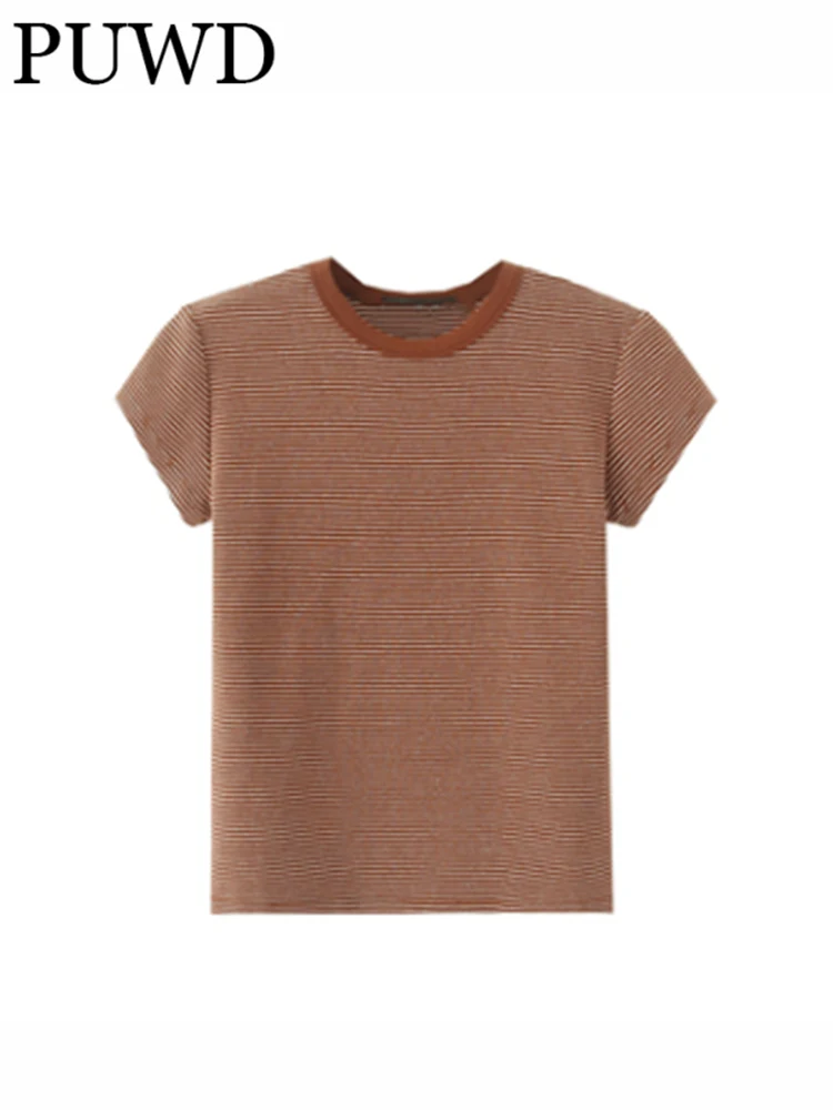 PUWD Casual Women Brown O Neck Striped Slim  Soft Cotton Tees 2022 Summer Fashion Ladies Casual Female Knitted Top