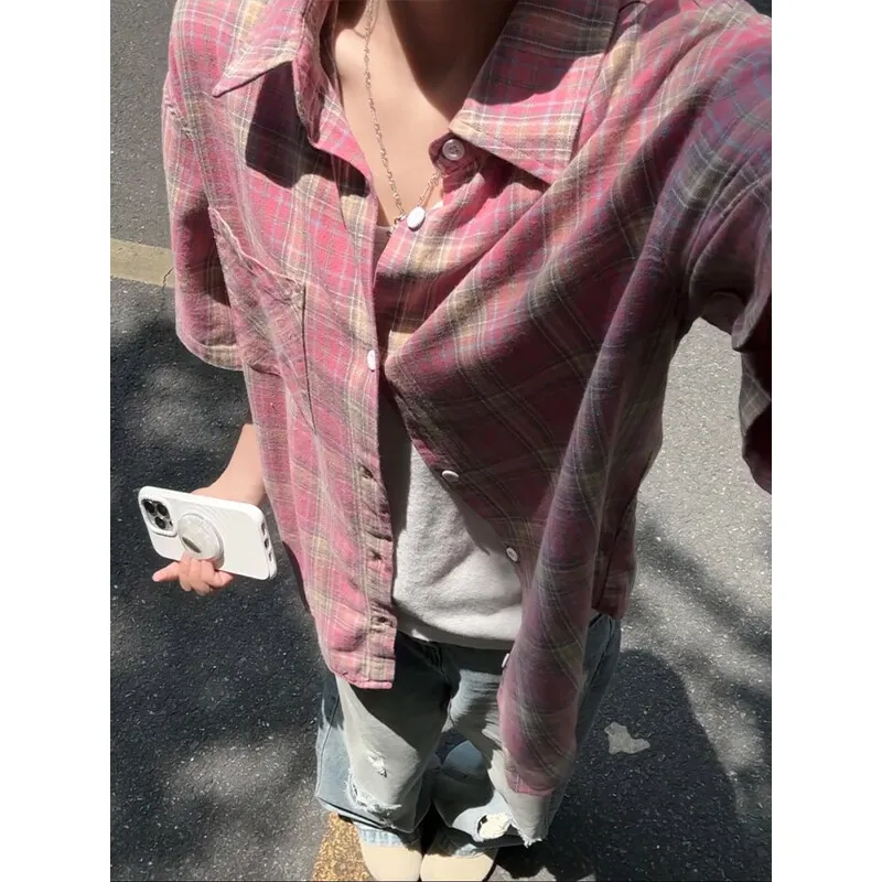 Unisex Shirts Men Woman Lightweight Plaid Shirt Short Sleeve Summer Top Casual Wear for Hot Weather