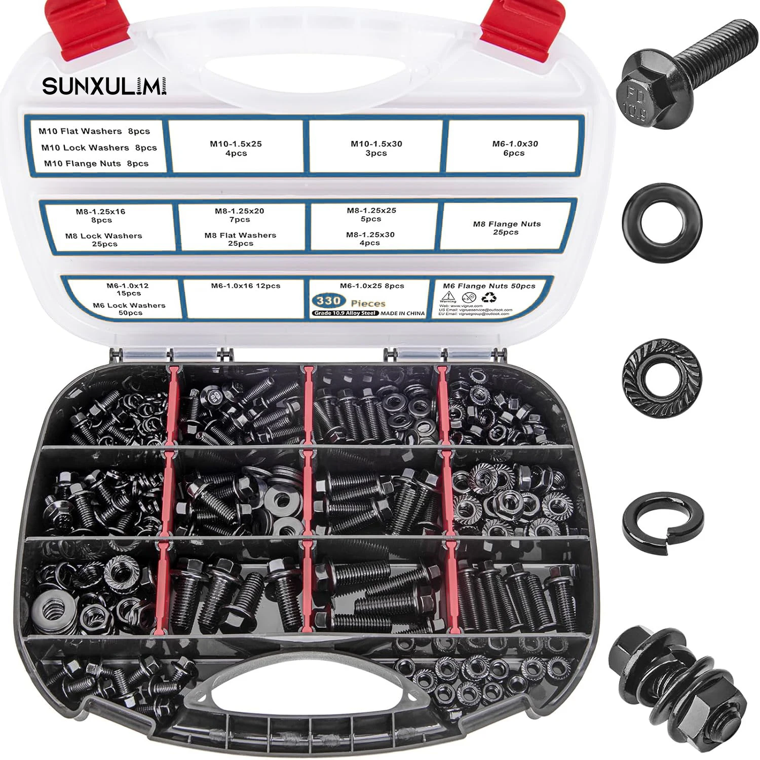

Набор из 330 болтов с фланцем M6, M8 и M10, черные метрические болты и гайки с фланцем, класс прочности 10.9, легированная сталь, полнорезьбовые.