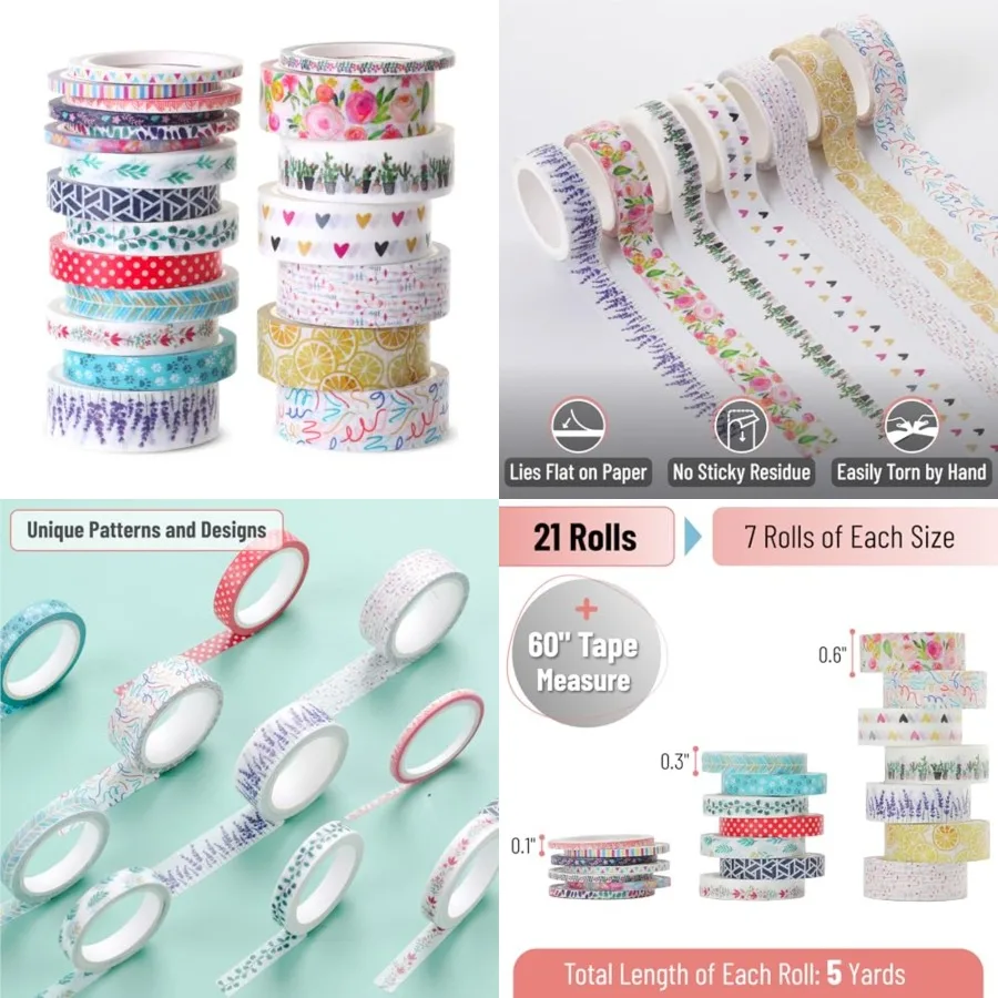 

Washi Tape Set with 21 Rolls in Assorted Sizes for Creative Journaling and Halloween Decorations Featuring Beautiful Floral Pat