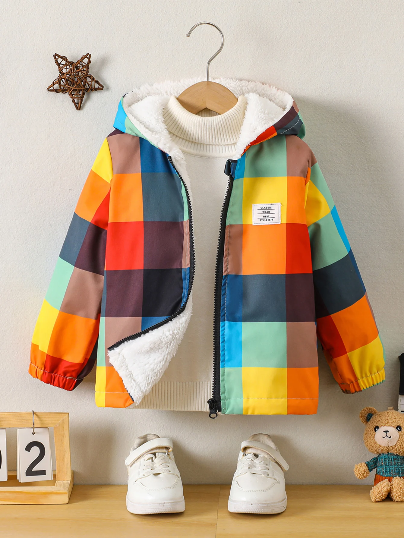 Boys' autumn/winter fashion digital printed thick warm plush lining hooded zipper cardigan coat