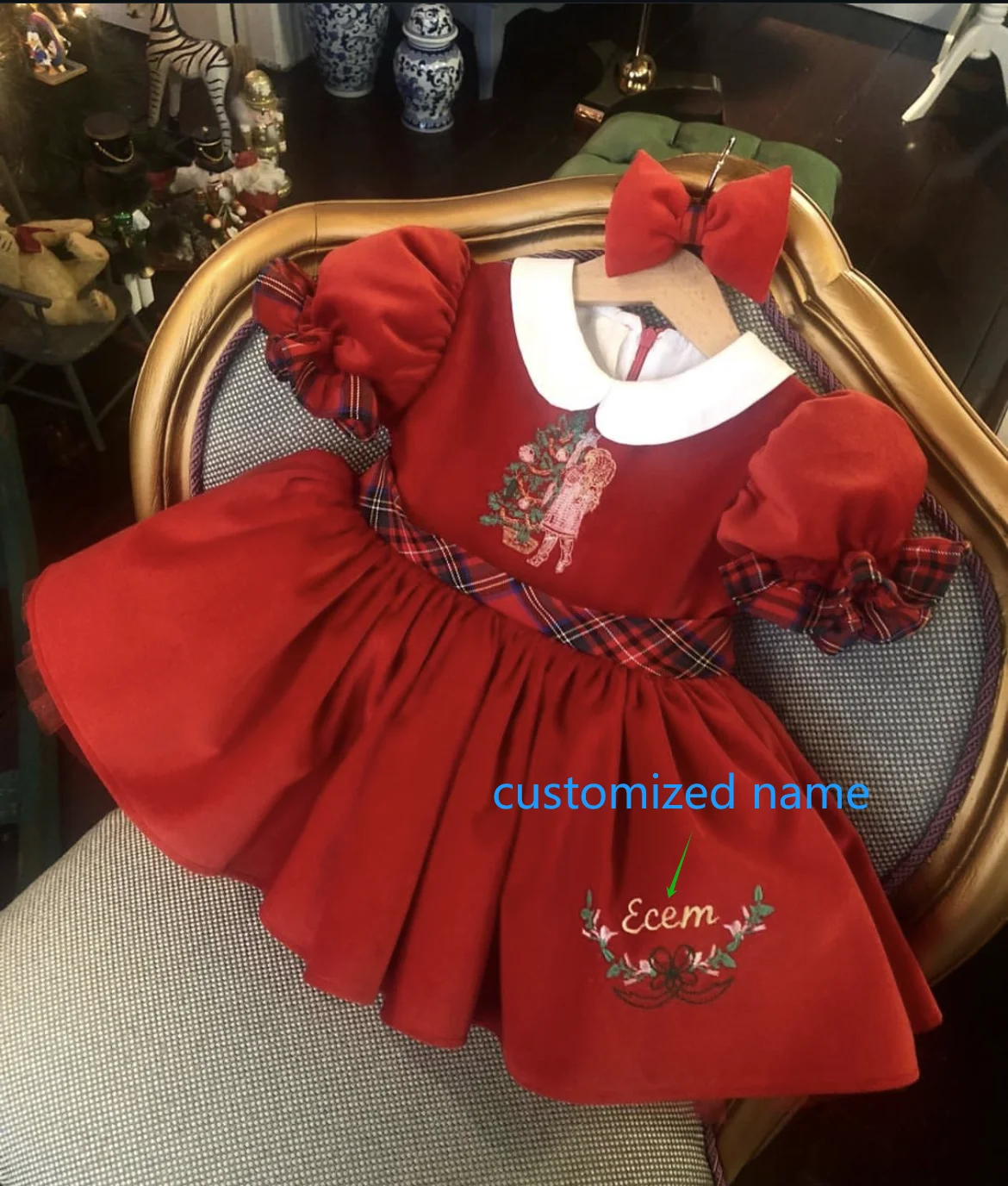 

Baby Girl Autumn Winter Red Velvet Customized Name Embroidery Vintage Spanish Princess Ball Gown Dress for Eid Causal Christmas