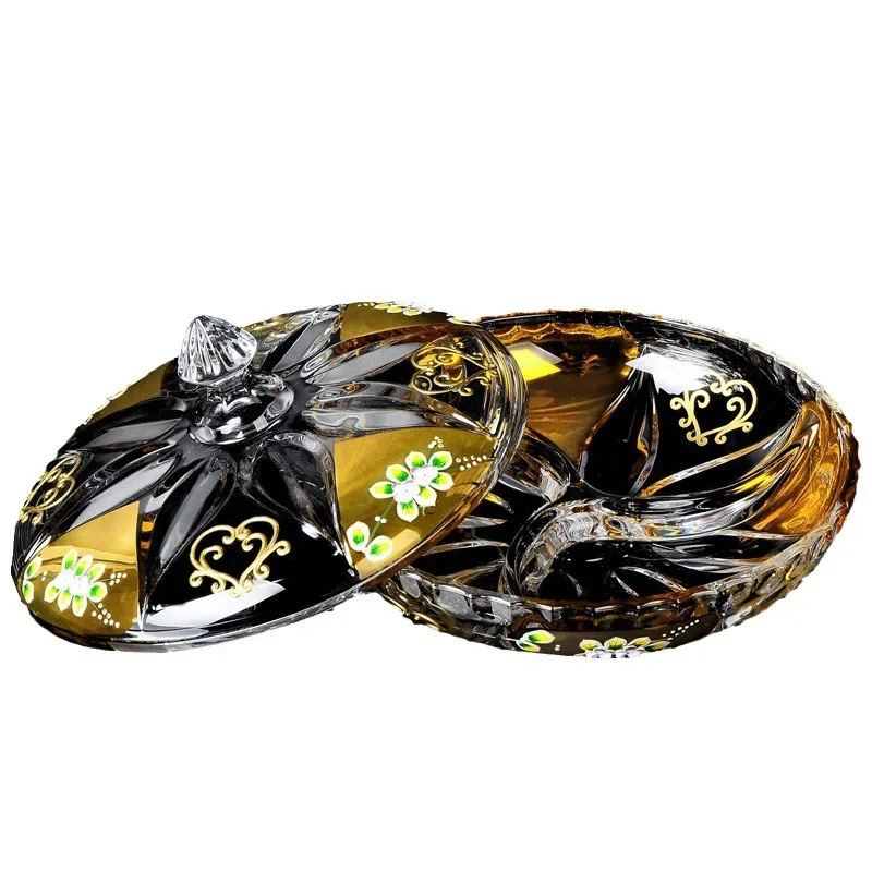 

Gold-encrusted crystal glass candy box, household living room with cover enamel flower snack tank