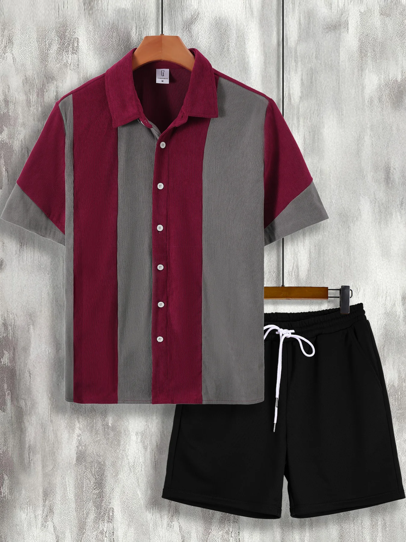 Men's Wine Red & Gray Color Block Corduroy Shirt Casual Set 2 Piece Lapel Collar Short Sleeve & Drawstring Shorts Outfit