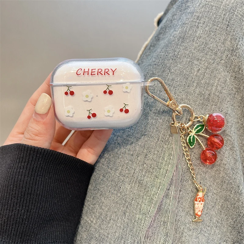 Ins lindo llavero de cereza para Apple AirPods 4 funda para auriculares inalámbricos Bluetooth para AirPods 3 Pro 2 funda suave para caja de auriculares