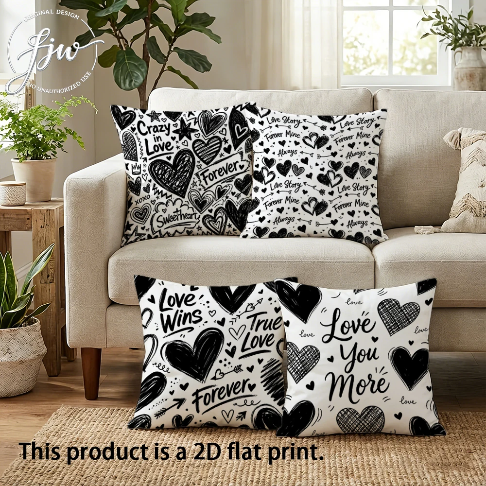 4pcs Black and White Love Heart Throw Pillow Covers Vintage Graffiti Style Romantic Cushion Cases for Home Sofa Bedroom Decor