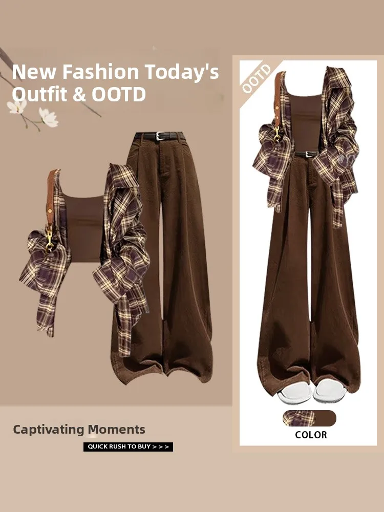 

Spring 2026 High Waist Plaid Shirt And Crop Top Slimming Casual Pants Three Piece Set for Trendy Girls Long Sleeve Collar