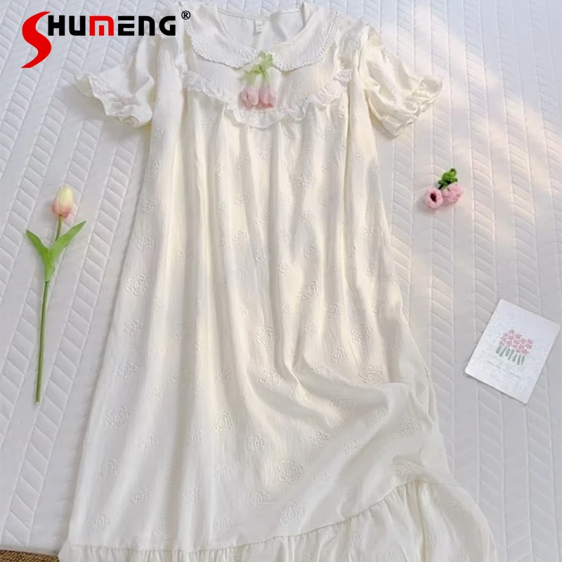 

Cute Lace Cotton Short Sleeve Nightdress for Women Spring Summer New Sweet Home Wear Female Chest Pads Sweet Nightgowns