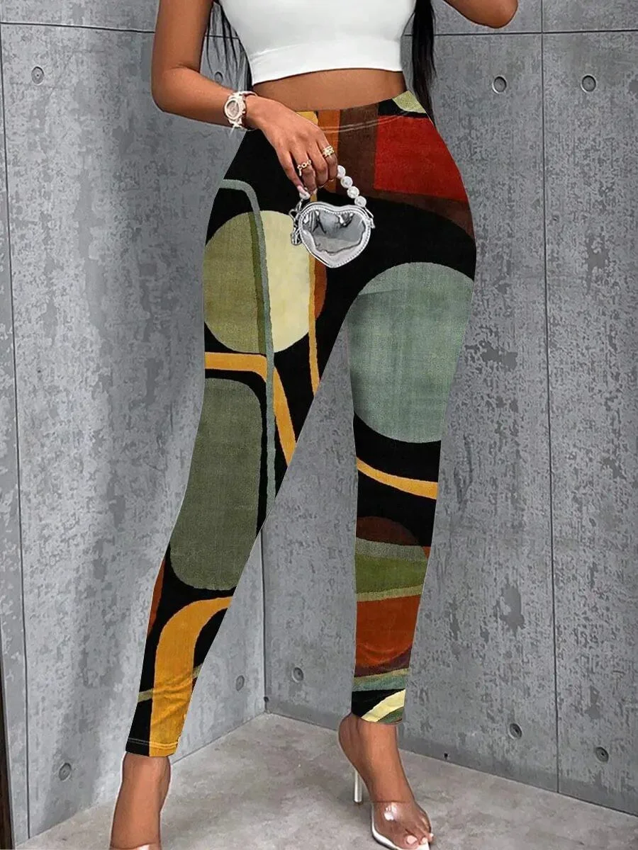Women's Retro Abstract Geometric Art Printed Casual Stretch Pants Legging For Women