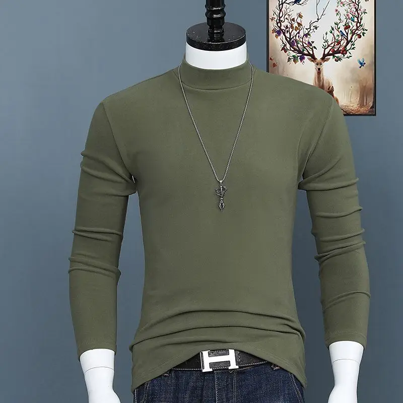 Camiseta Coreana de lujo para hombre, camisa de manga larga Base sólida, cuello alto, ajustada, Tops de talla grande, Otoño e Invierno