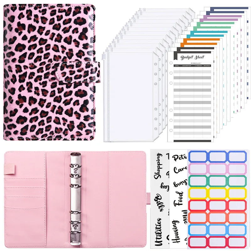 A6 Leopard Print Macaron Series Creative Zipper Bag English Stickers Divider Ruler Budget Notebook Cash Budget Office Stationery
