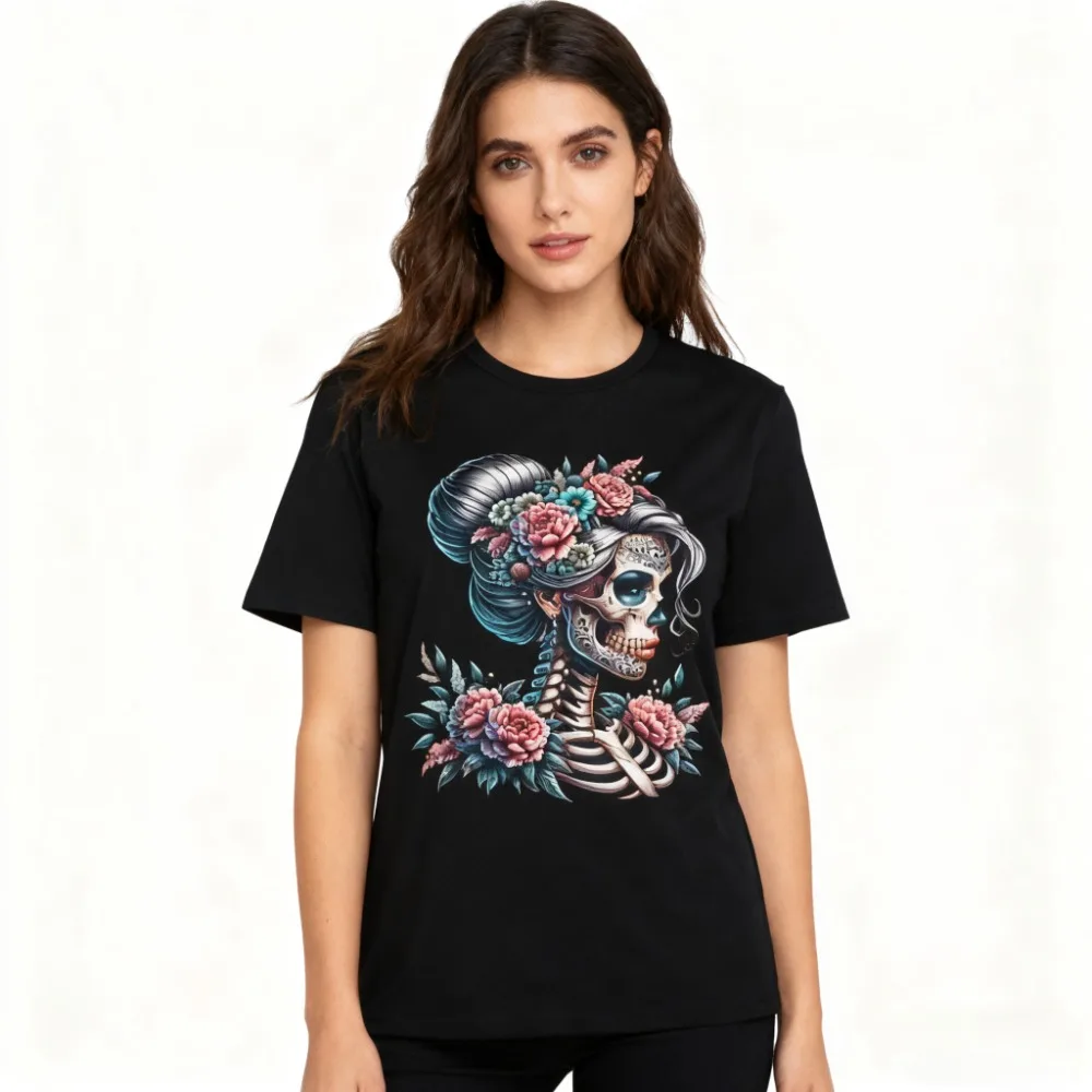 

Floral Sugar Skull T-Shirt Day of The Dead Women Casual Tshirt Boho Festival Style Tee Fashion Daily Life Graphic Printed Tops