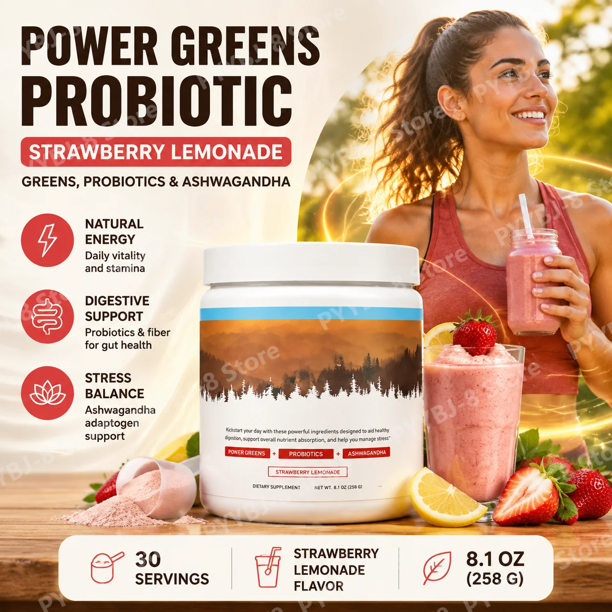 Probiotic Powder Supplement Strawberry Lemonade Flavor with Collagen and Ashwagandha Promote Digestion & Nutrient Absorption