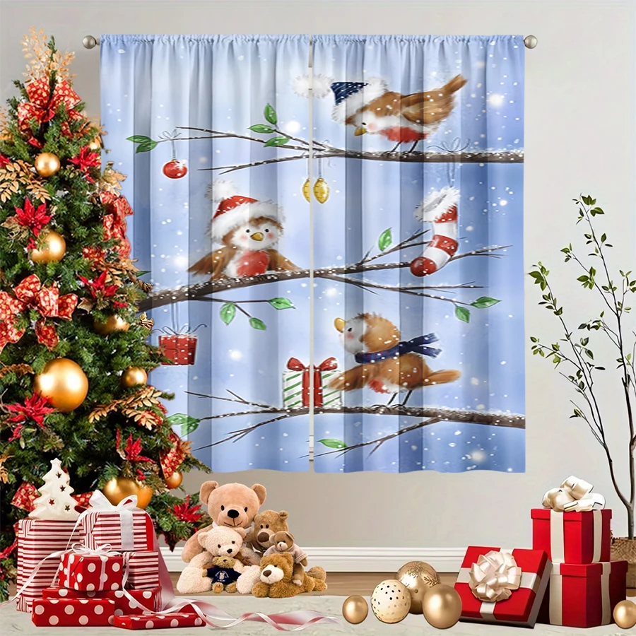 2PCS Christmas Winter Curtains, Robin Bird Santa Hat Stocking Gift Blue, Digital Print, Bedroom Living Room, Home Decor