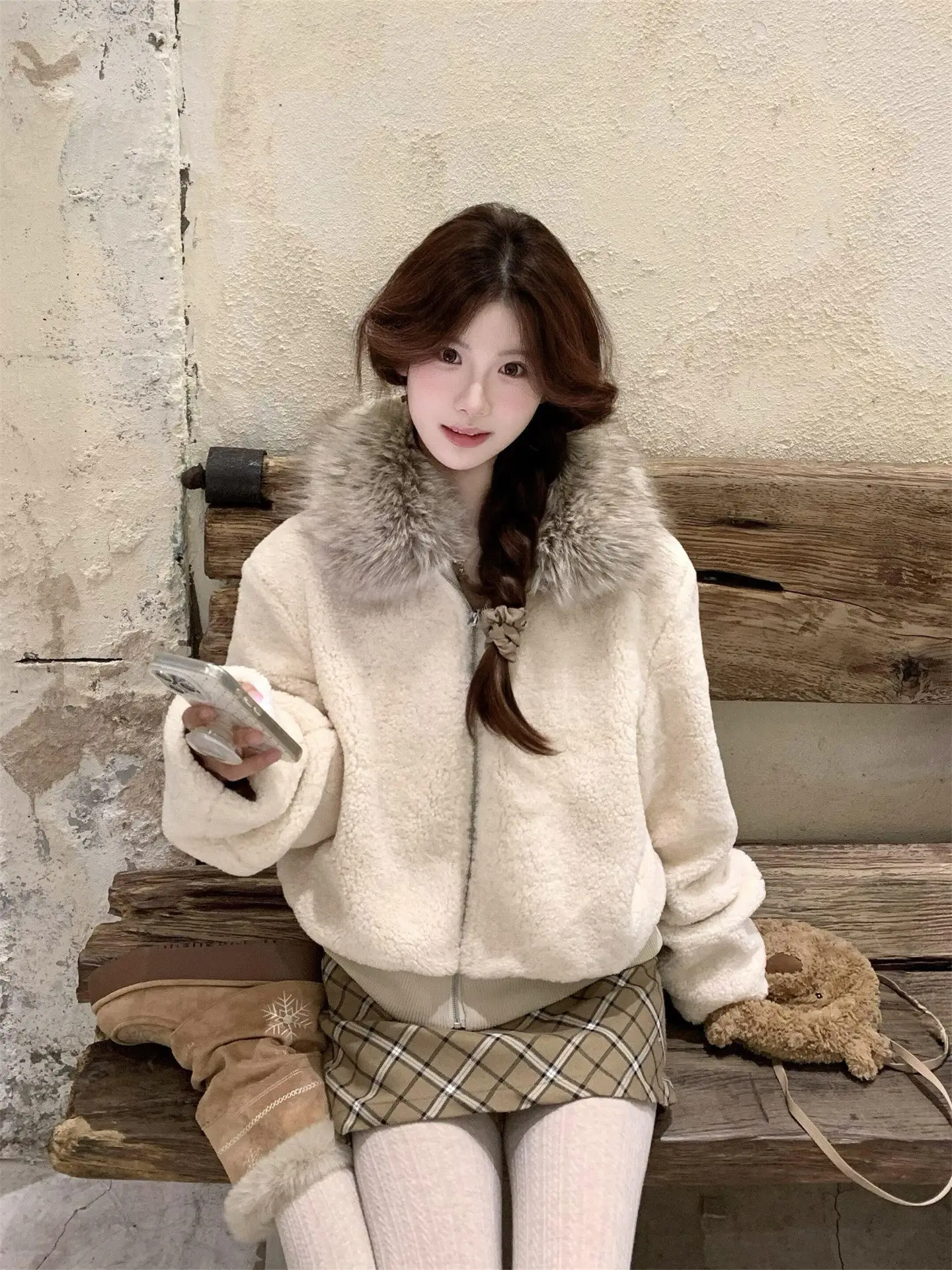 

Корейское женское пальто ort Jaet Spring Faion, повседневное пальто с меховым воротником, мягкое удобное пальто на молнии, свободный крой, длинное...