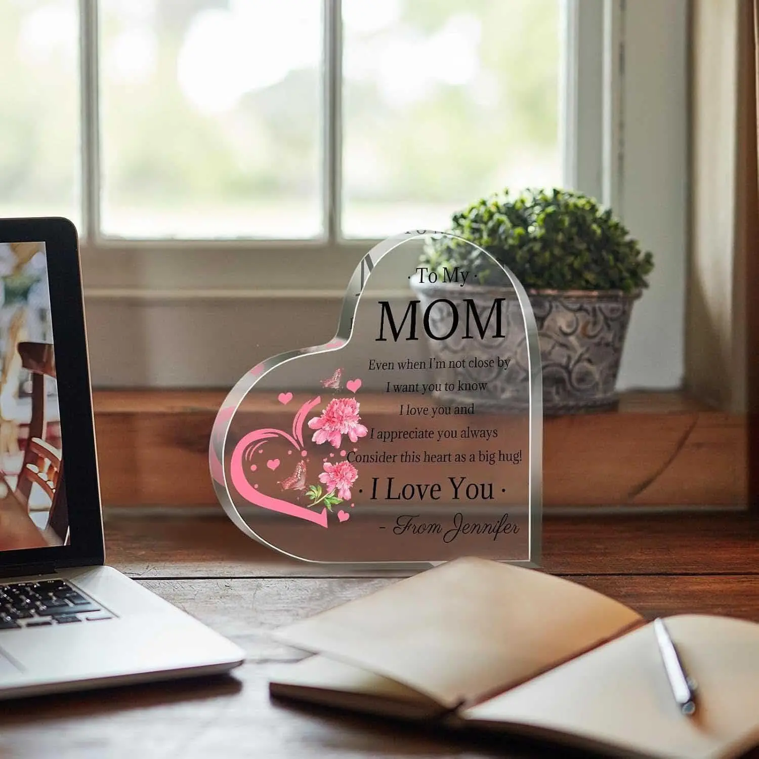 Heart‑Shaped Acrylic Plaque Custom Name To My Mom Pink Peony Butterfly Big Hug Freestanding Sentimental Keepsake Gift