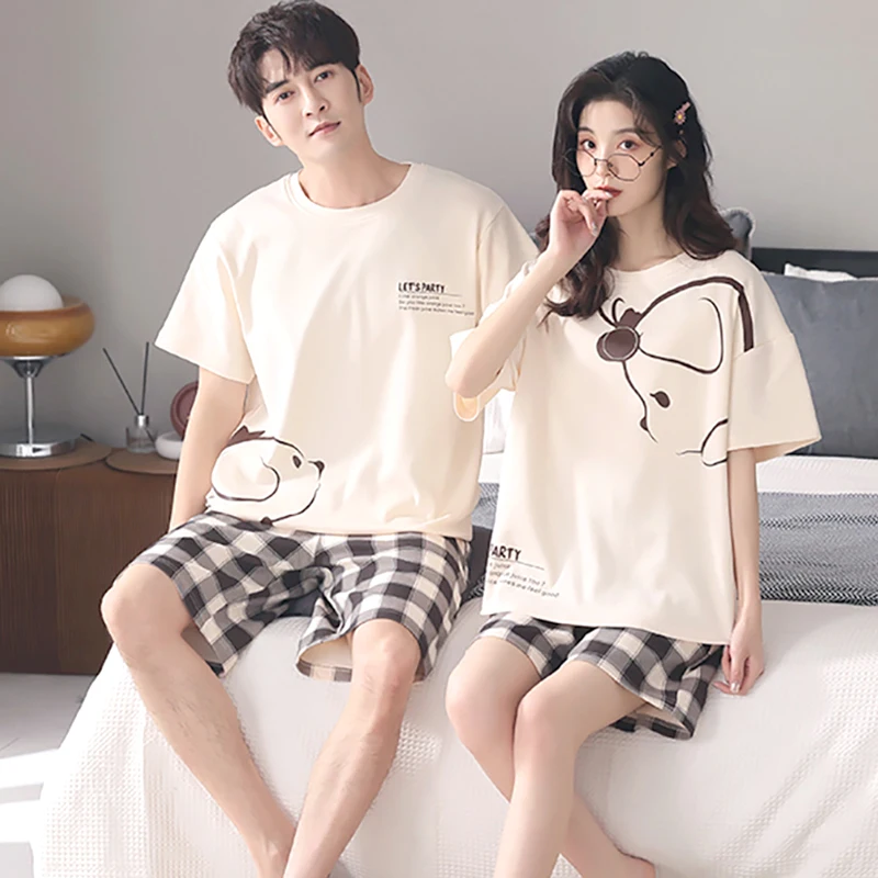 couples-summer-cotton-pajamas-short-sleeve-lightweight-breathable-home-clothes-set-for-men-and-women-large-size-available
