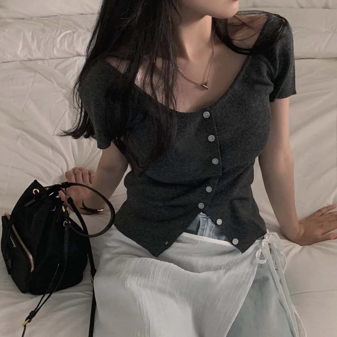 Chic V-neck Shoulder-baring Knitwear Women's Slimming  Color Top Fashionable Versatile Summer 2026 Polyester Fiber