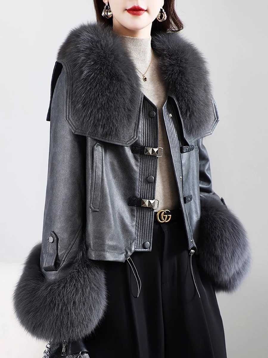 

Lautaro Autumn Winter Short Grey Thick Warm Pu Leather Jacket Women with Faux Fur Collar and Cuffs 2025 Luxury Designer Clothes
