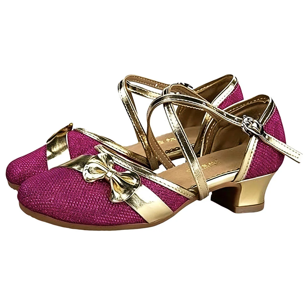 

Girls Glitter Bow Latin Dance Shoes Cross Ankle Strap Low Block Heel Salsa Ballroom Dancing Shoes Non-Slip Dance Sandals